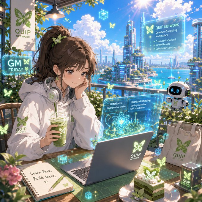 An anime-style illustration of a girl with a ponytail wearing a white Quip Network hoodie, drinking a green beverage while working on a laptop in a futuristic city. The scene includes 'QUIP NETWORK', 'GM FRIDAY', and text about quantum computing and optimization solutions.