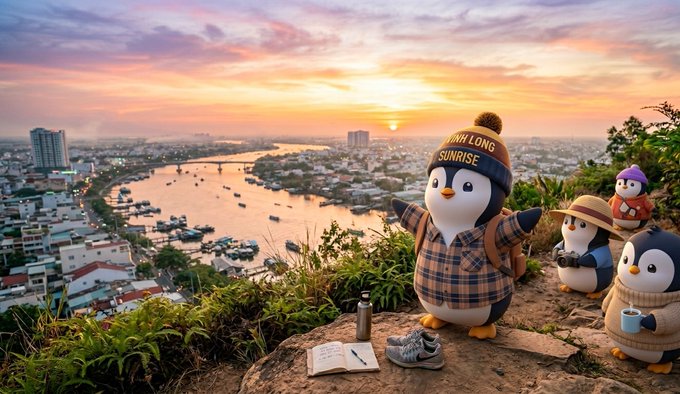 The image features a group of penguins standing on top of a cliff overlooking a city at sunset. The penguins are dressed in winter clothing, with one wearing a hat and another carrying a backpack. There's also an open book placed near the penguin on the right side of the scene. The backdrop is a beautiful view of the city skyline, which includes buildings of various sizes and designs. The overall atmosphere suggests that these penguins might be tourists exploring the city during sunset or simply enjoying their time together in this picturesque location.