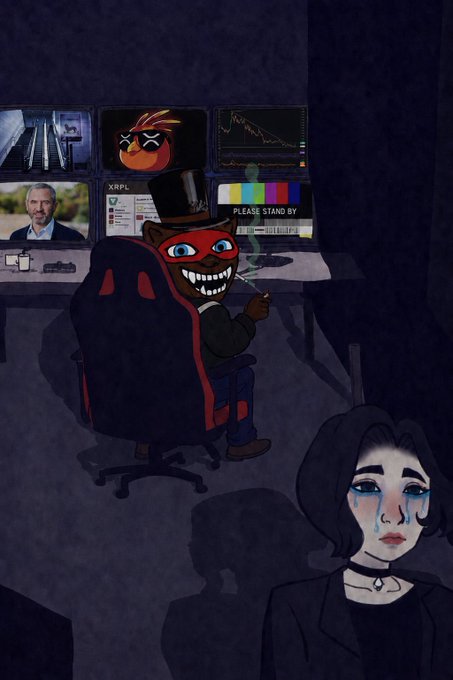 A cigar-smoking cartoon character in a top hat sits at multiple monitors displaying XRP price charts and "PLEASE STAND BY," while a sad woman stands in the foreground—contrasting the hyped-up excitement about XRP's price surge with a more somber undertone.

Visible text includes: "XRPL," "PLEASE STAND BY," and XRP ticker charts showing a downward trend.
