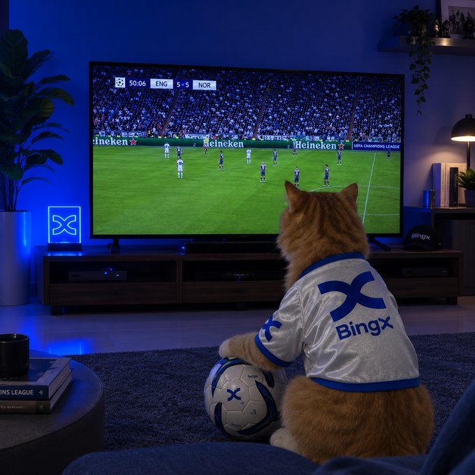An orange cat wearing a "Bingx" jersey sits in front of a TV showing a UEFA Champions League match (ENG 5-5 NOR at 50:06), with its paw resting on a Bingx-branded soccer ball. The scene ties into the post's trading style question by humorously suggesting the cat is a "striker" — actively engaged and ready to score, much like a proactive trader in the crypto market.