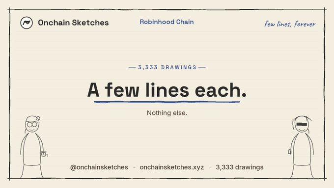 A promotional banner for 'Onchain Sketches' on Robinhood Chain featuring the tagline 'A few lines each. Nothing else.' with text indicating '3,333 DRAWINGS' and 'few lines, forever', alongside stick figure illustrations and the handles @onchainsketches and onchainsketches.xyz.
