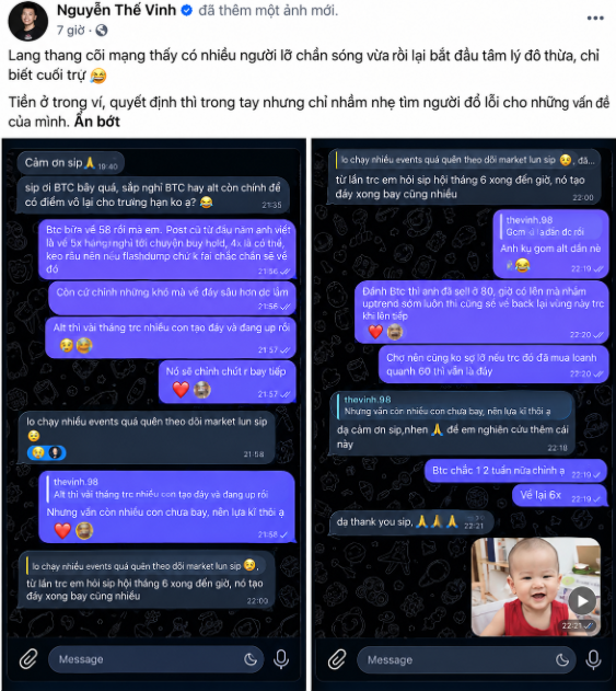Vietnamese Facebook post by Nguyễn Thế Vinh discussing trading decisions, featuring screenshots of messages about BTC price movements and a video of a baby.