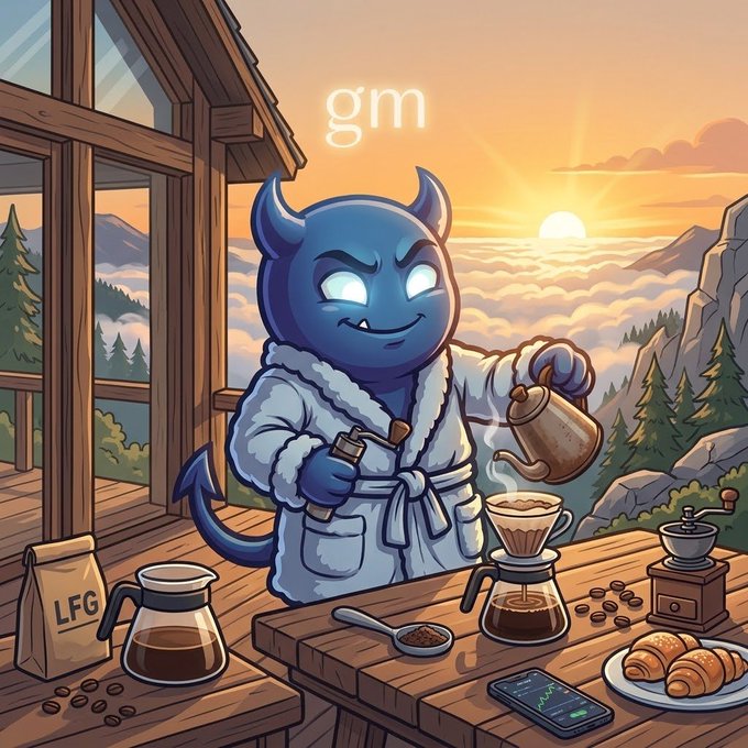 A digital illustration of a blue horned demon character in a white bathrobe making pour-over coffee at a mountain cabin at sunrise, with 'gm' text, an 'LFG' coffee bag, croissants, and a smartphone showing a trading chart.
