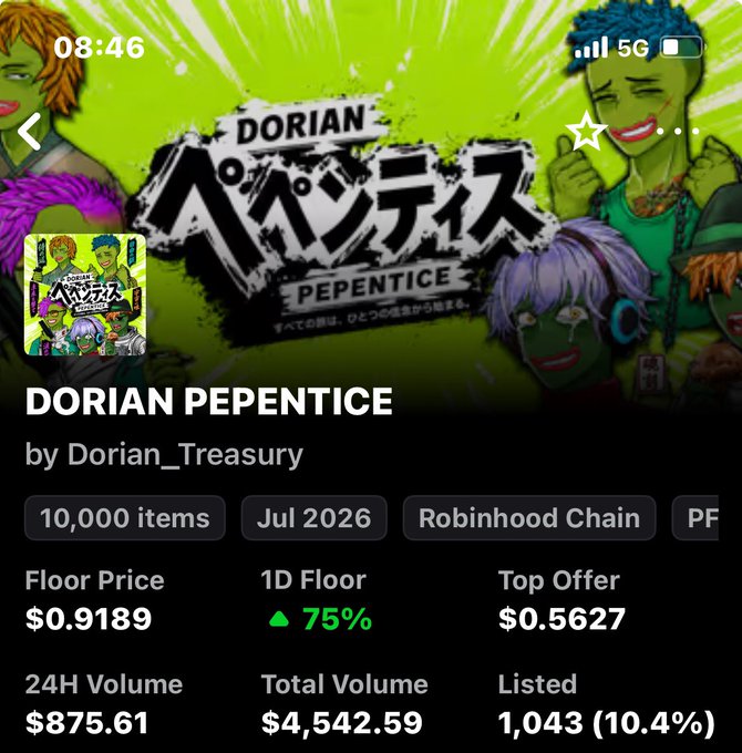 A screenshot of an NFT collection page for 'DORIAN PEPENTICE' by Dorian_Treasury, showing 10,000 items listed on Robinhood Chain with a floor price of $0.9189 and 24H volume of $875.61.