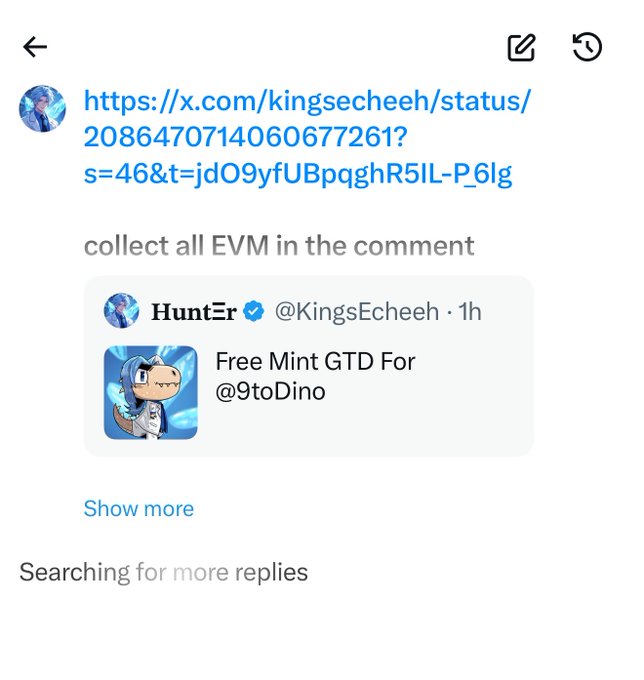 A screenshot of an X post by HuntΞr (@KingsEcheeh) promoting a free mint GTD for @9toDino, shared to collect all EVM addresses from the comment section, from which ChatGPT will randomly select 60 winners.