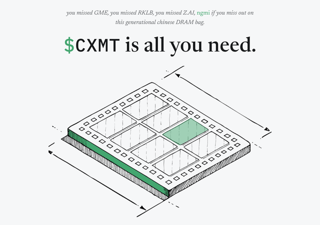 Promotional image with text 'you missed GME, you missed RKLB, you missed ZAI, ngmi if you miss out on this generational chinese DRAM bag. $CXMT is all you need,' featuring a sketch of a memory chip.