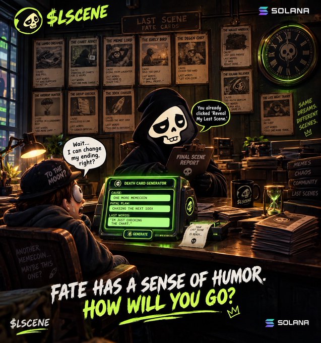 A promotional image for '$LSCENE' on Solana showing a grim reaper character with a 'FINAL SCENE REPORT' at a desk with a 'Death Card Generator,' featuring 'LAST SCENE FATE CARDS' on the wall and the tagline 'Fate has a sense of humor. How will you go?'