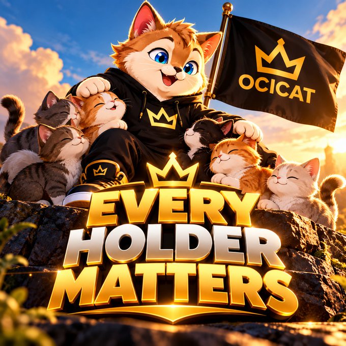 A promotional image featuring an anthropomorphic orange cat wearing a black hoodie, surrounded by several small kittens, holding a black flag that reads 'OCICAT' with gold crown and text reading 'EVERY HOLDER MATTERS'.