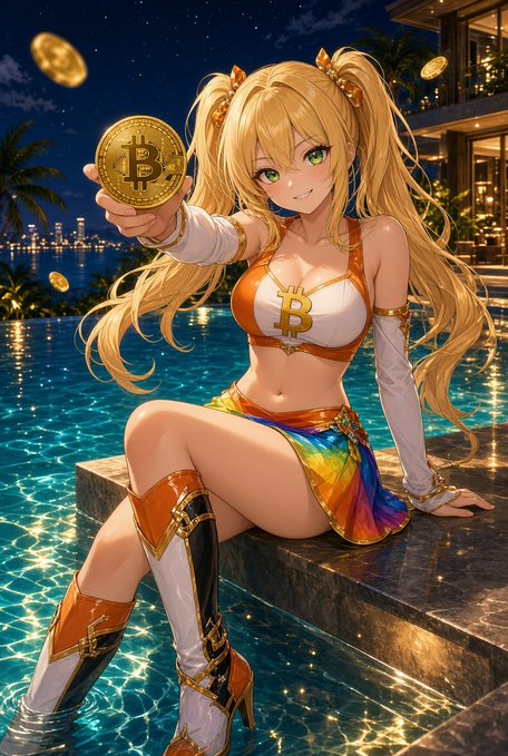 An anime-style illustration features a blonde character holding a Bitcoin coin, wearing a top with the '₿' symbol, sitting by a pool at night.