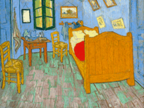 The image shows Van Gogh's "The Bedroom," a vibrant depiction of a cozy room featuring a wooden bed with a red blanket, yellow chairs, a small table, and blue walls adorned with framed art. It has been digitally restored by @0xdiid in their "remanence" project, enhancing the painting's vivid colors and intricate details to revive its original brilliance.