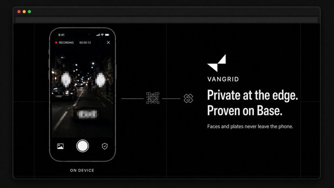 A promotional graphic for VANGRID with the tagline 'Private at the edge. Proven on Base', showing a phone recording on-device with faces and plates blurred.
