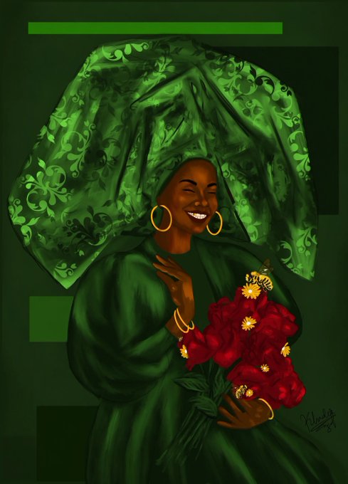 A digital illustration of a smiling woman wearing a green ornate dress and headwrap, holding a bouquet of red roses and yellow flowers, with the artist's signature visible in the bottom right.