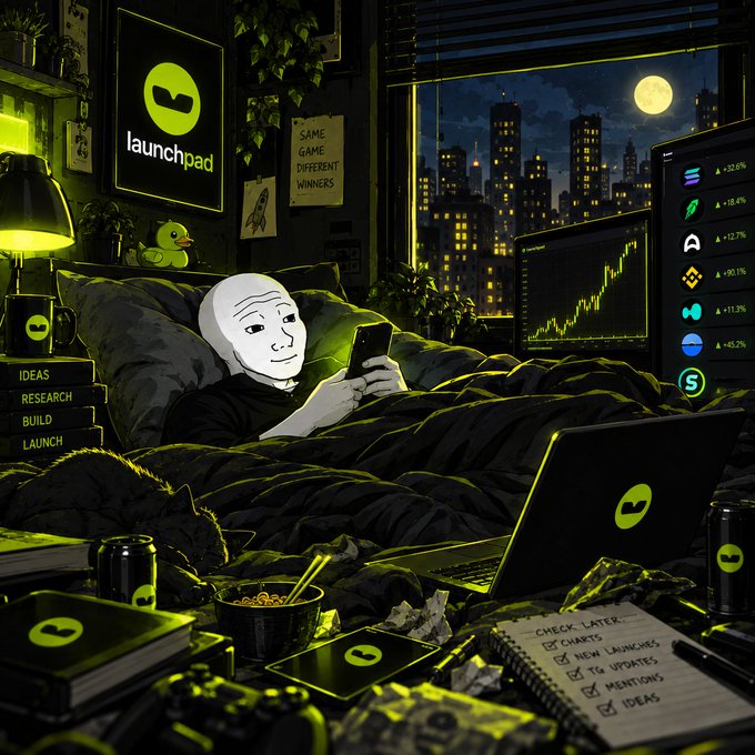 Cartoon-style illustration branded with the 'launchpad' logo, showing a faceless figure in bed at night holding a phone, with a laptop displaying a bullish green chart, a checklist, and a 'SAME GAME DIFFERENT WINNERS' sign.