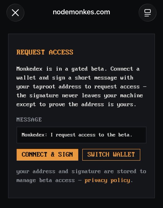 A screenshot of nodemonkes.com showing a 'REQUEST ACCESS' page for Monkodex gated beta, requiring wallet connection and signing a message that reads 'Monkedex: I request access to the beta.'
