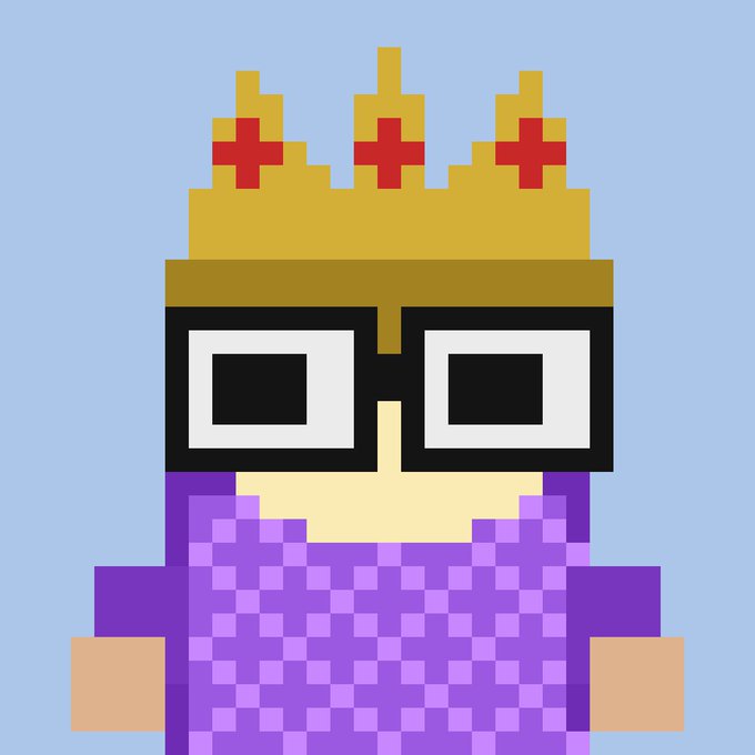 A simple 2D pixel art character wears a yellow crown with red jewels, thick black rectangular glasses, and a purple checkered shirt against a light blue background.