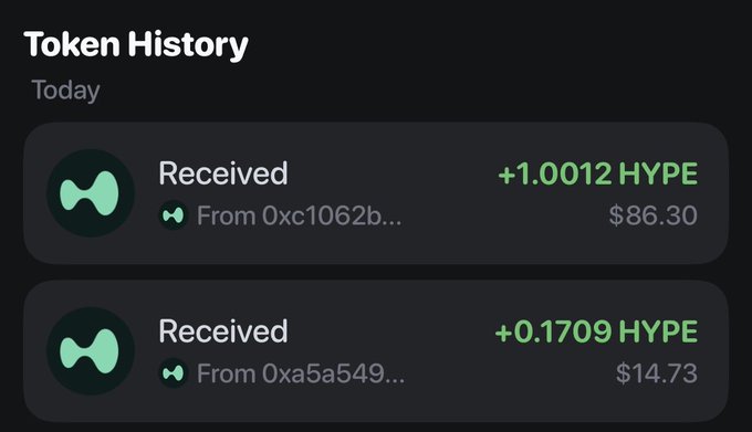A "Token History" interface displays two incoming HYPE token transactions today: +1.0012 HYPE (~$86.30) from 0xc1062b... and +0.1709 HYPE (~$14.73) from 0xa5a549..., totaling over $100 in HYPE received. This supports the celebratory post about $HYPE reaching a new all-time high and the user buying more HYPE, with these transfers likely representing recent purchases or transfers of the token amid its ATH momentum.