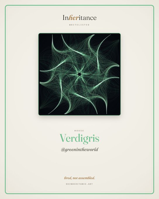 A digital artwork titled 'Verdigris' (@greenintheworld) from the 'Inheritance WHITELISTED' project, displaying an intricate green fractal pattern resembling a stylized star or flower.