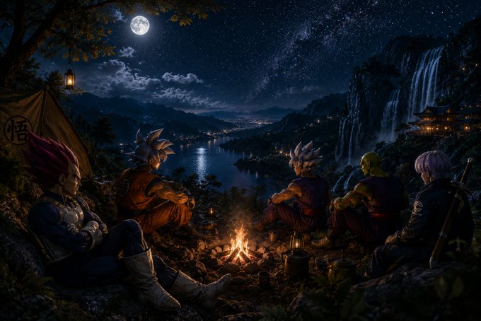 A digital artwork depicting anime characters from Dragon Ball Super sitting around a campfire at night, looking out at a scenic landscape with waterfalls, a lake, and a full moon in the starry sky.