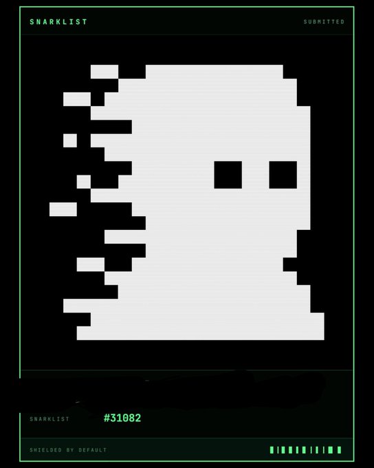 A pixel-art style digital collectible NFT called 'SNARKLIST #31082' showing a white skull-like character wearing sunglasses against a black background with green borders, labeled 'SHIELDED BY DEFAULT'.