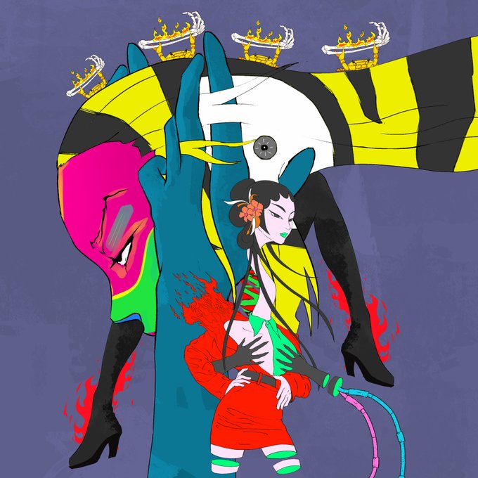 A colorful, abstract digital artwork featuring a stylized female figure in the center, a large pink-faced figure on the left, and figures wearing crowns against a purple background.