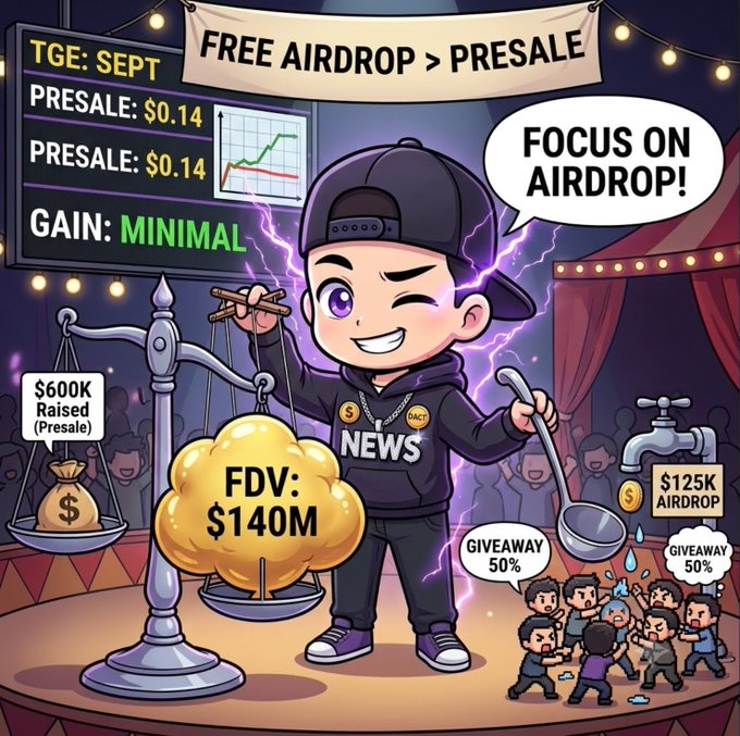 A cartoon character holding scales and a ladle stands between money bags labeled '$600K Raised (Presale)' and '$125K AIRDROP', with text indicating 'FDV: $140M', 'TGE: SEPT', and 'FOCUS ON AIRDROP!'.