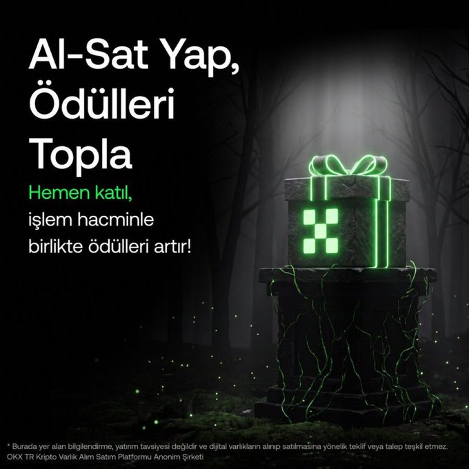 A dark promotional graphic featuring a glowing green neon gift box with a bow on a stone pedestal in a misty forest, with Turkish text reading "Al-Sat Yap, Ödülleri Topla — Hemen katıl, işlem hacminle birlikte ödülleri artır!" (Trade, Collect Rewards — Join now, boost rewards with your trading volume), advertising an OKX TR crypto trading campaign where users earn OKX Points by completing trading missions.