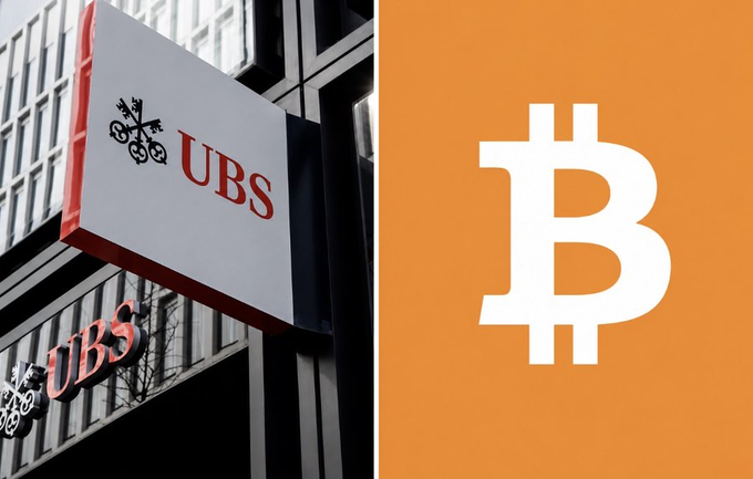 A UBS bank sign is shown alongside the Bitcoin logo on an orange background, illustrating UBS's significant 230% increase in Bitcoin ETF holdings to $90 million, as announced in the breaking news.