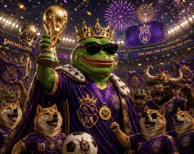 The image features a group of dogs dressed up as soccer players, with one dog holding a trophy. The dogs are wearing purple and gold outfits, and they appear to be celebrating their victory at a soccer game. The background includes fireworks, which adds excitement to the scene. The caption "They said winning the World Cup was impossible. They said one memecoin can’t rule them all. One team. One community. One goal. The lords don't play for participation trophies. We play for greatness." suggests that this image is related to a discussion about the importance of teamwork and dedication in achieving success, as opposed to focusing on individual achievements or participation trophies.
