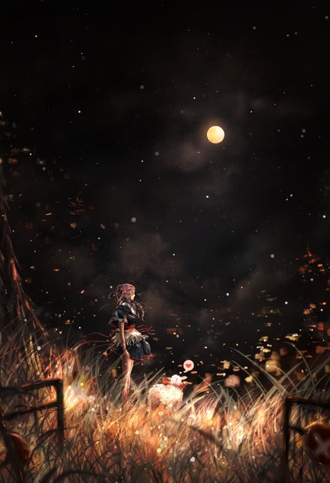 An anime-style illustration of a girl standing in a field of flowers under a starry night sky with a glowing yellow moon.