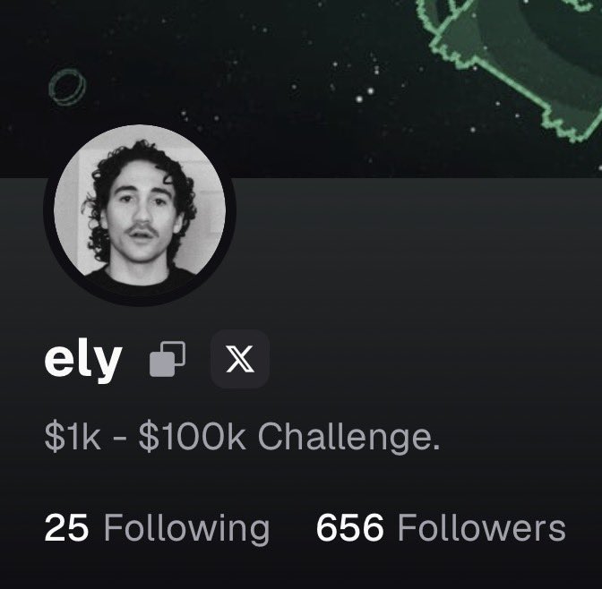 A Twitter/X profile for user "ely" displays a circular black-and-white photo of a man with curly hair and a mustache, set against a dark space-themed banner. The bio reads "$1k - $100k Challenge" with 25 Following and 656 Followers, linking to a pump.fun giveaway promotion.