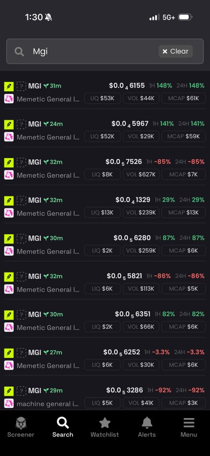 Screenshot of a mobile trading app showing search results for 'Mgi', with multiple 'Memetic General Intelligence' tokens listed showing extremely high volatility with price changes ranging from -92% to +148%.