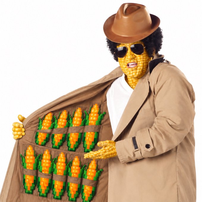 A person wears a brown fedora, sunglasses, and a tan trench coat, revealing corn on the cob ears and rows of plastic corn cobs stored inside the coat lining like ammunition.