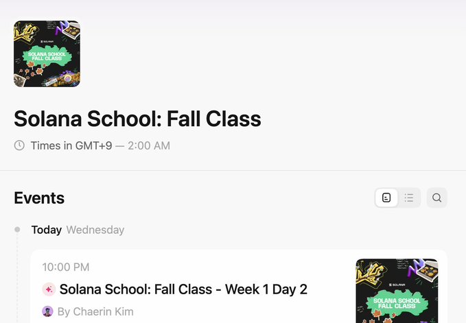A calendar event listing for 'Solana School: Fall Class' by Chaerin Kim, showing 'Today Wednesday' at 10:00 PM, with times displayed in GMT+9 — 2:00 AM.