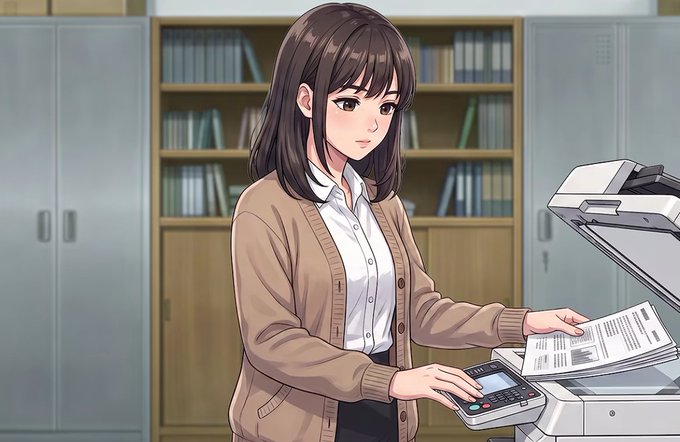 An anime-style illustration of a woman with brown hair wearing a beige cardigan over a white shirt, operating a copier in an office setting.