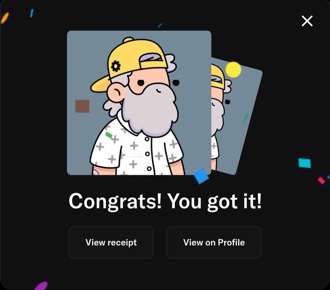 A digital collectible notification screen displays two card images of a cartoon character—an older bearded man wearing a yellow cap with a Bitcoin logo and a white patterned shirt—alongside the text "Congrats! You got it!" with buttons to "View receipt" or "View on Profile." The post celebrates successfully minting two MidnightDegens NFTs for free, and this image represents the confirmation receipt of receiving those collectibles.

**Key elements:**
- Bitcoin logo on the character's hat (depicts the brand connection)
- "Congrats! You got it!" confirmation message
- 2x MidnightDegens minted (reflecting the two cards shown overlapping)
- "Rare" hope referenced in post relates to the uncertainty of NFT rarity until revealed