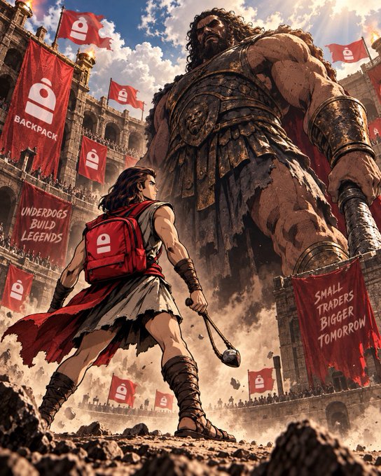 A small warrior with a red "Backpack" branded backpack and sling faces off against a towering giant in a gladiatorial arena, surrounded by "Backpack" flags and banners reading "Underdogs Build Legends" and "Small Traders Bigger Tomorrow" — visually representing the post's narrative of a David vs. Goliath battle against retail trading fees, highlighting Backpack's 1.6 bps vs. Robinhood's 43.7 bps on $1,000 trades.
