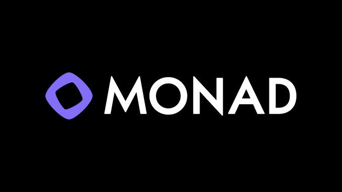 Black background displaying the 'MONAD' logo in white text with a purple diamond-shaped icon to the left.