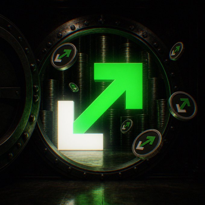 A 3D rendering of a large green upward arrow symbol displayed inside a vault door, surrounded by smaller green and white circular arrows and stacks of coins.