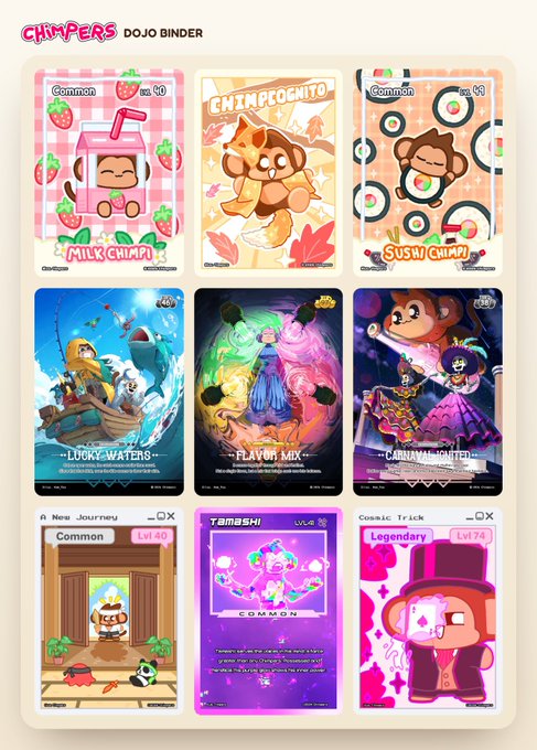 A digital card collection titled "CHIMPERS DOJO BINDER" featuring nine illustrated trading cards with cute chimpanzee characters and items, including cards labeled "MILK CHIMP," "SUSHI CHIMP," "LUCKY WATERS," "PLAY OR MIX," "CARNIVAL CUTIES," and "TAMASHI."