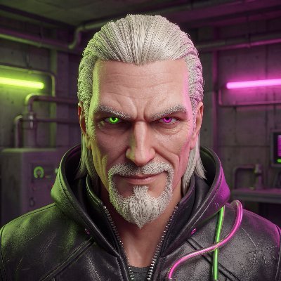 A digitally rendered character with slicked-back white hair, a gray goatee, and glowing green and pink eyes stares forward, wearing a dark hooded jacket in a neon-lit cyberpunk setting.