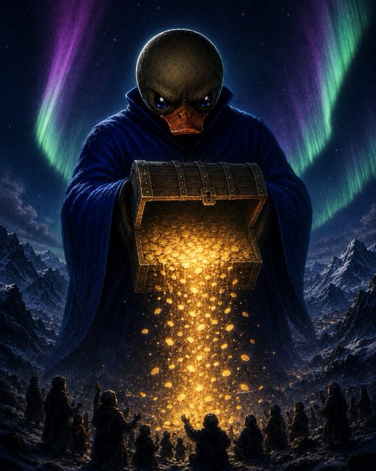 A digital artwork depicts a large cloaked alien figure with glowing eyes opening a treasure chest overflowing with gold coins, set against a backdrop of auroras and snow-capped mountains, with small silhouetted figures watching below.