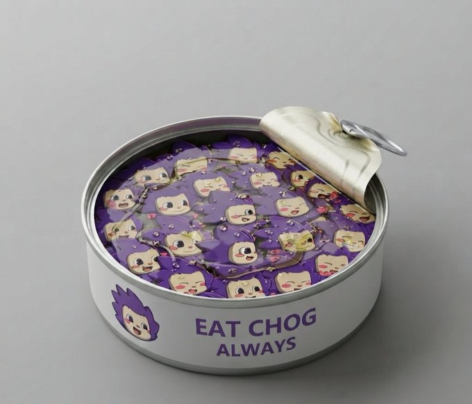 A can labeled "EAT CHOG ALWAYS" is shown with its lid partially peeled back, revealing numerous small purple character-shaped pieces inside that match the Chog NFT mascot featured on the label, playfully presented as a quirky "food" product promoting the @ChogNFT brand.