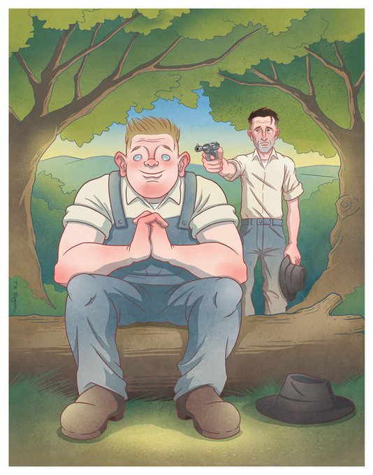A cartoon illustration depicts a muscular man in overalls sitting under a tree with a peaceful expression, while behind him another man points a gun at his head, with a discarded hat on the ground nearby. The image references the iconic scene from "Of Mice and Men," matching the post's reference to being cautious about protecting one's investments ("coins") in a potentially dangerous situation.