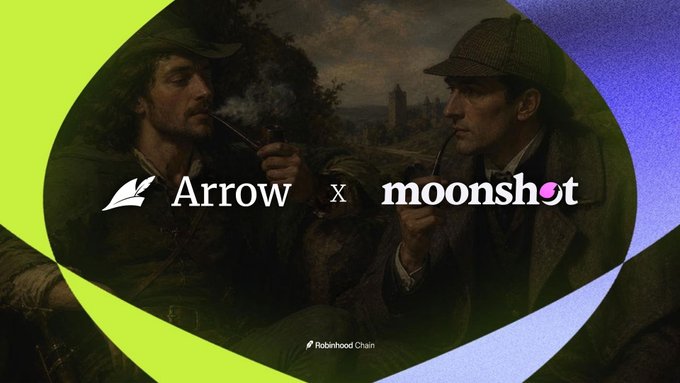 A graphic featuring a Sherlock Holmes-style painting with the logos 'Arrow x moonshot' and 'Robinhood Chain' overlaid.