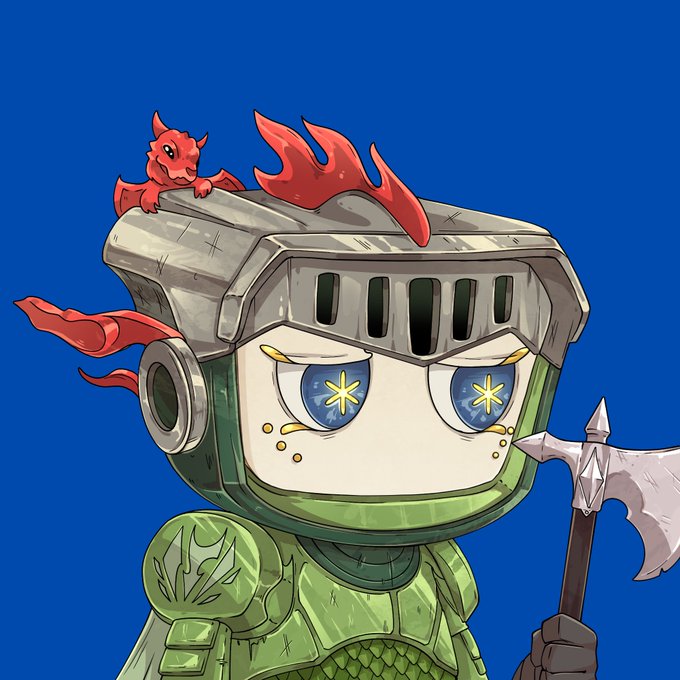A cartoon-style illustration depicts a green-armored character wearing a knight's helmet with a small red dragon perched on top, set against a solid blue background.