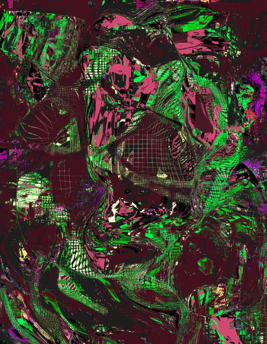 An abstract digital artwork or glitch art piece featuring a heavily textured portrait-like form in vivid neon green and magenta/pink colors with black halftone patterns and metallic distortions.