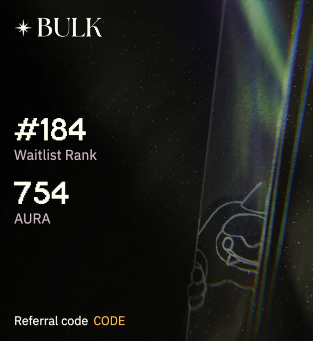 The image shows a black background with white text that reads " weekday rank #184 Waiting list rank 754 Aura". The text also includes a code for a free code of reference, which is a code that can be used to refer back to this post or other posts on the Bulk trade website.