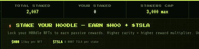 A HOODL staking dashboard showing 2,007 total NFTs staked out of a 3,000 cap, with rewards offering 1 $HOO per NFT per day and 0.0007 $TSLA per stake. The stats confirm the post's announcement of expanded staking capacity, though the interface still reflects 3,000 max cap rather than the newly added capacity.