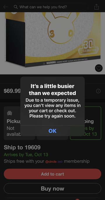A pop-up message on what appears to be a Target product page reads "It's a little busier than we expected. Due to a temporary issue, you can't view any items in your cart or check out. Please try again soon." The image shows the 30th anniversary Pokémon Celebrations ETB priced at $69.99, illustrating the point about bots overwhelming retailers during the launch.