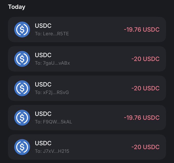 The image shows five USDC transactions, each showing about $20 sent: −19.76, −20, −20, −19.76, and −20 USDC. This matches the post’s announcement that the first five winners should each check their wallet for a $20 prize.